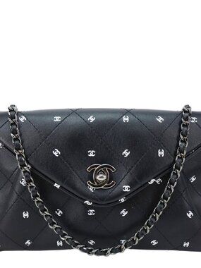 Chanel CC Envelope Printed Lambskin Leather Chain Clutch Bag Black